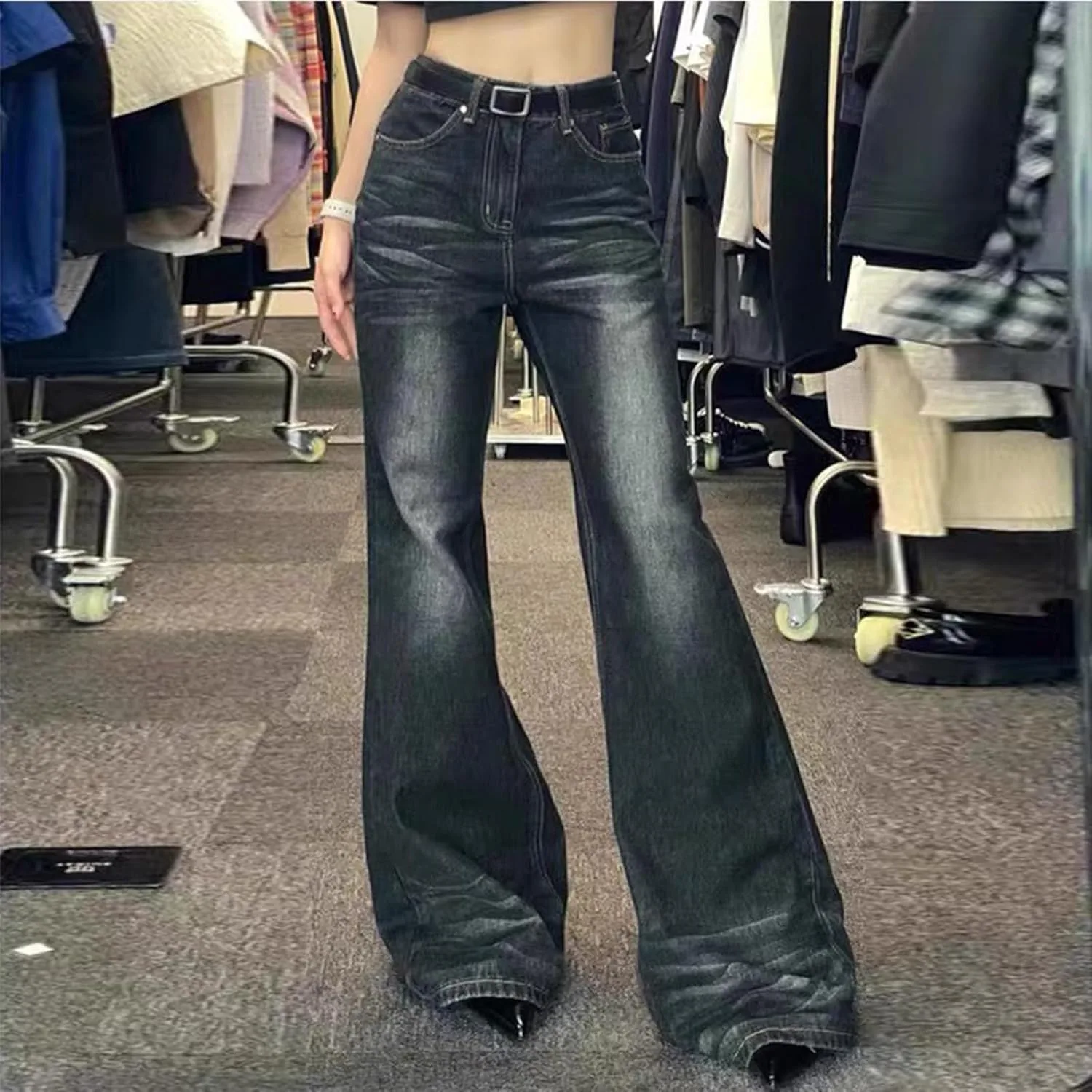 Джинсы для женщин High Waisted в стиле Y2k, Flare, Loose Fit — фото 2