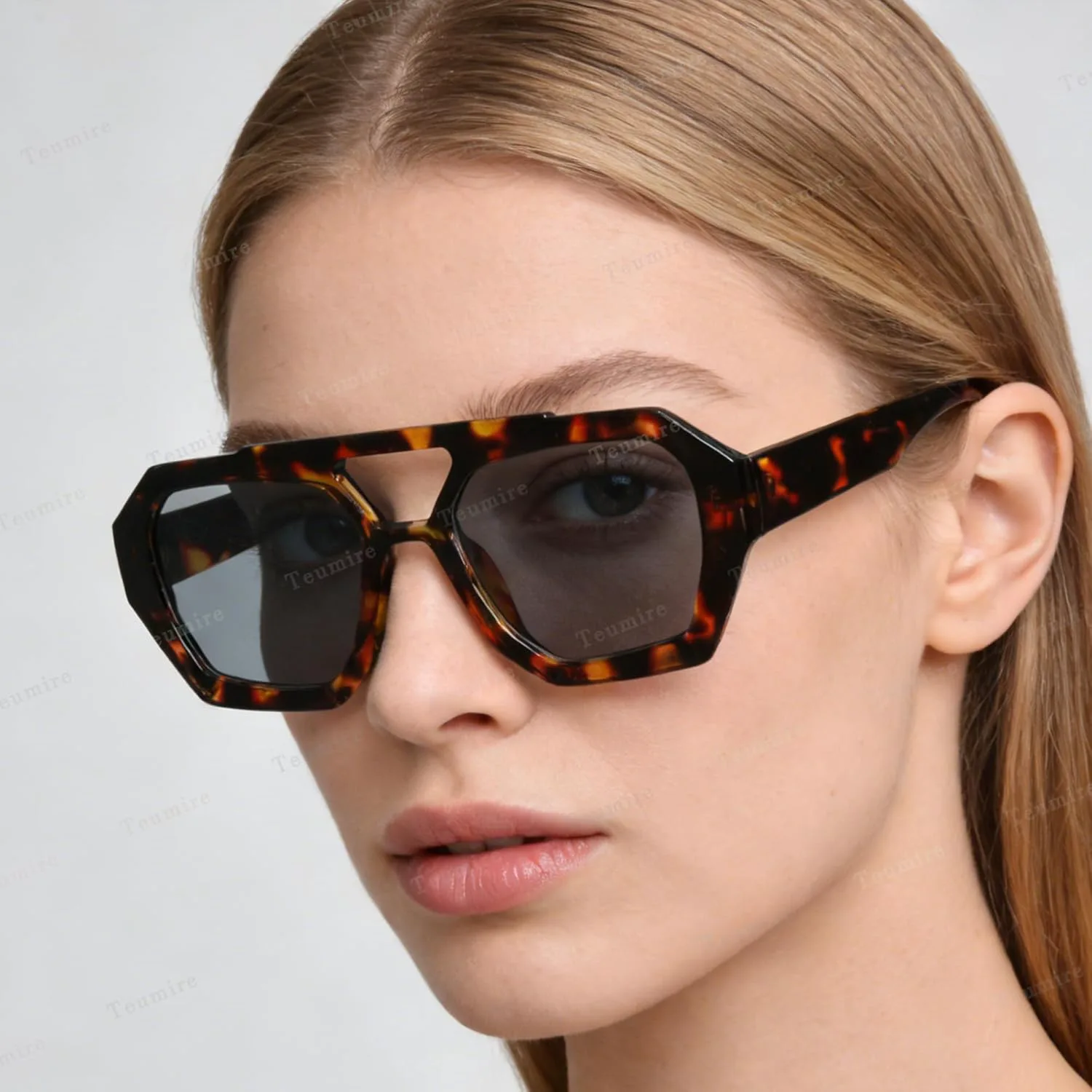 

Модные шестиугольные солнцезащитные очки-авиаторы для женщин в стиле 70-х годов, толстая квадратная оправа, двойная перемычка Teumire, A03 Tortoise Frame/Grey Lens