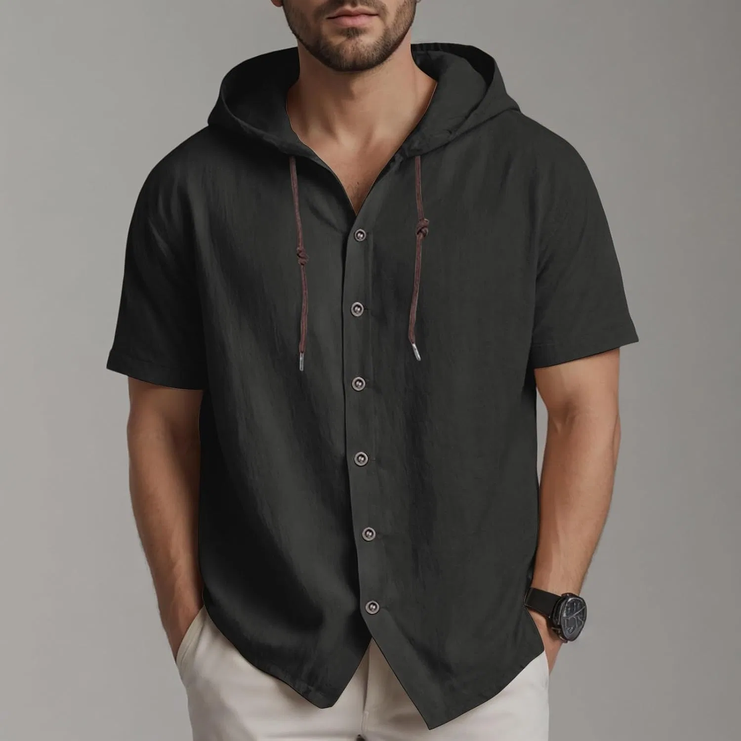 Мужская льняная рубашка с капюшоном легкая Casual, Black — фото 2
