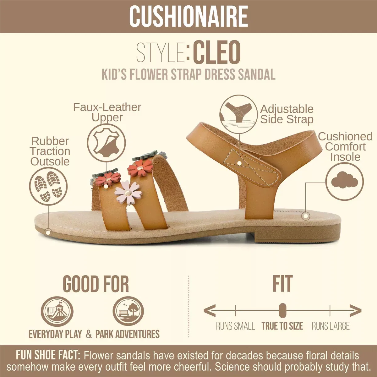 Детские сандалии для девочек с цветочным дизайном CUSHIONAIRE Cleo, Tan — фото 2