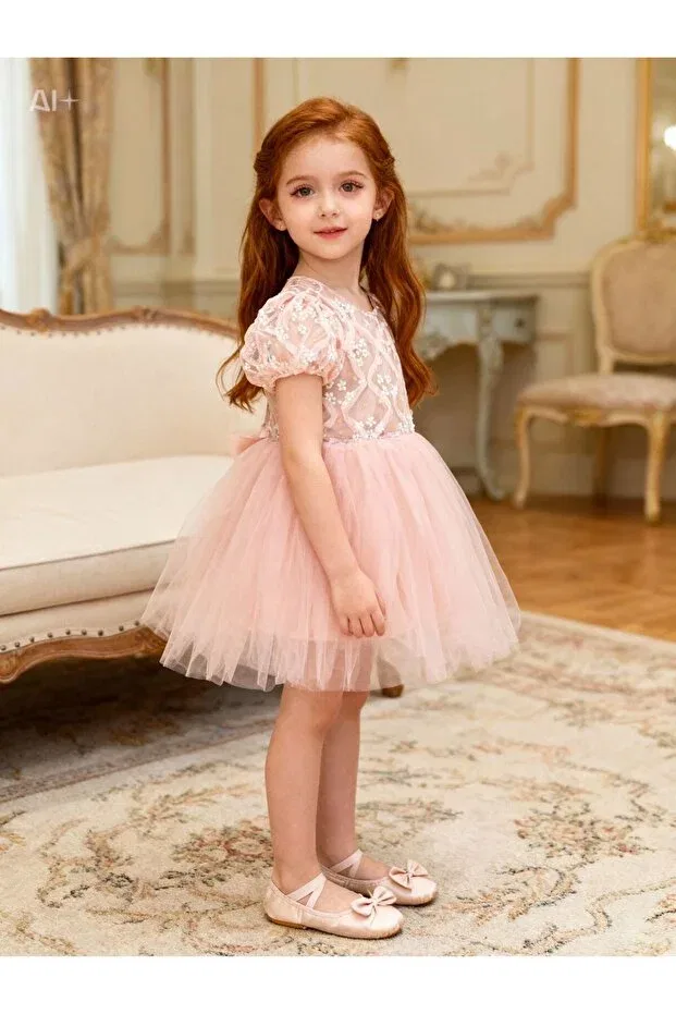 Детское платье из фатина с принтом Daisy tulle puffy dress Lunas Tekstil, Salmon — фото 3