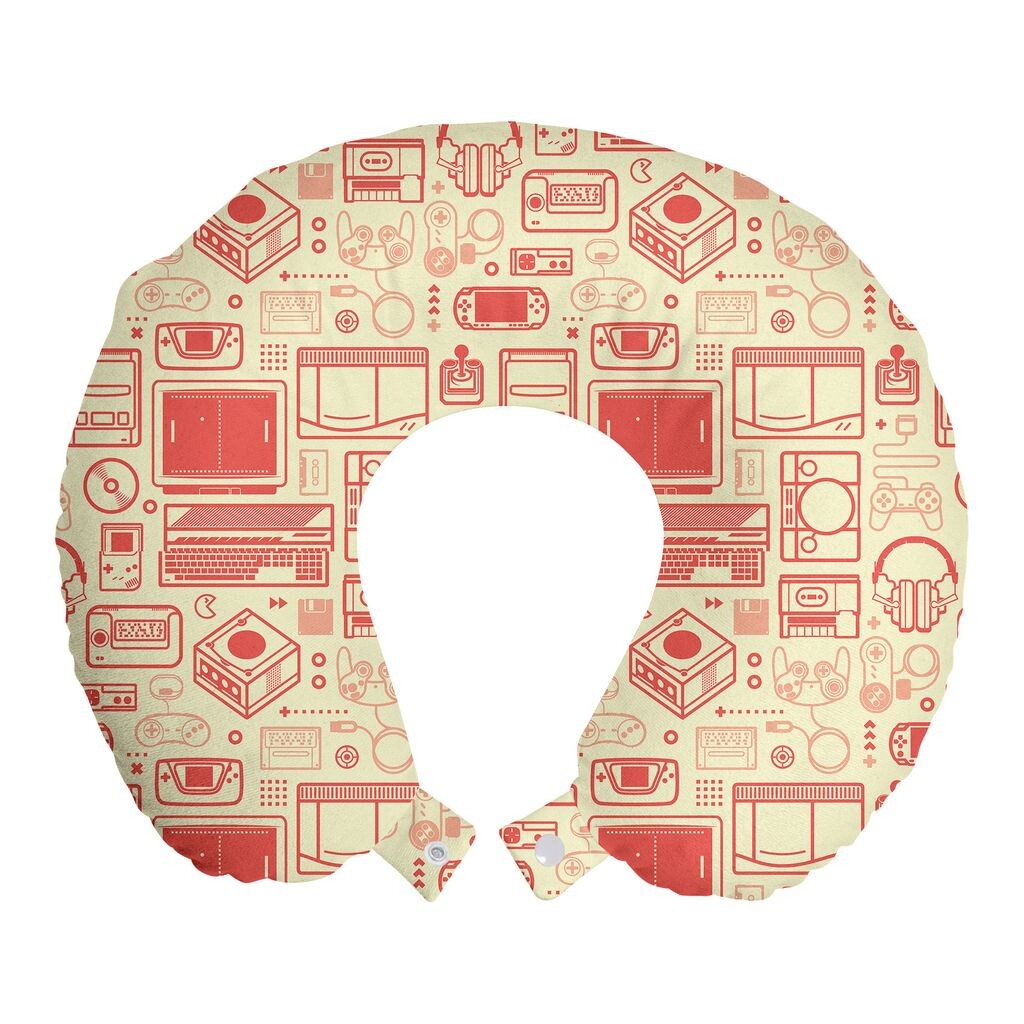 

ABAKUHAUS Old School Travel Pillow Подушка для шеи, игровые предметы в стиле ретро, ​​пенопластовые дорожные принадлежности для самолета и автомобиля, 30x30 см, темно-персиковый и кремовый