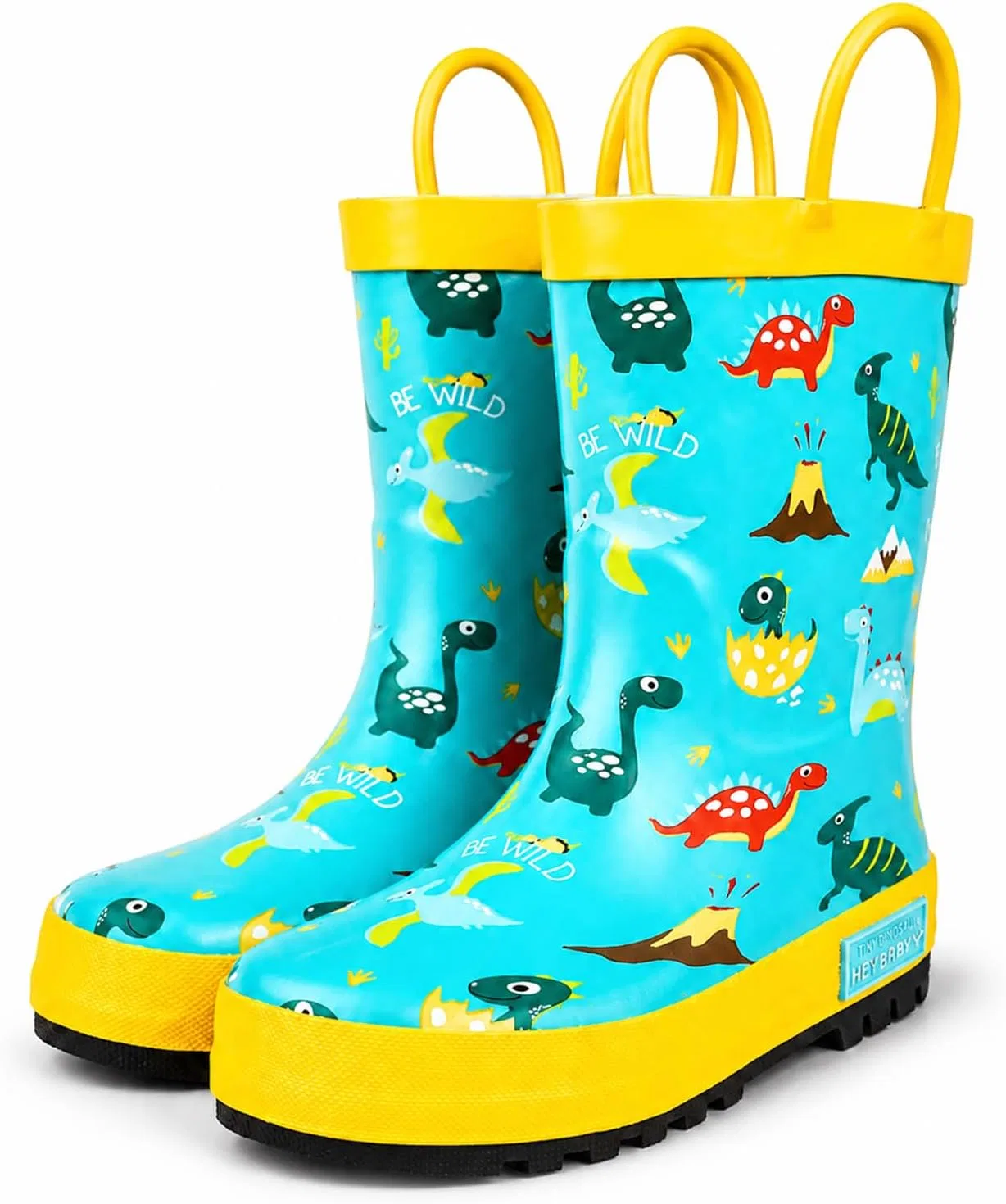 Детские резиновые сапоги для девочек с ручками HSYAAMOO, Yellow Dinosaur
