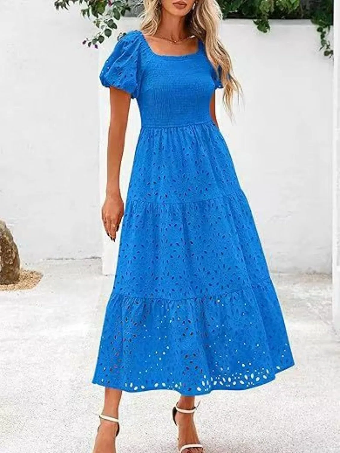 Женское платье макси с квадратным вырезом и пышными рукавами, Blue — фото 2