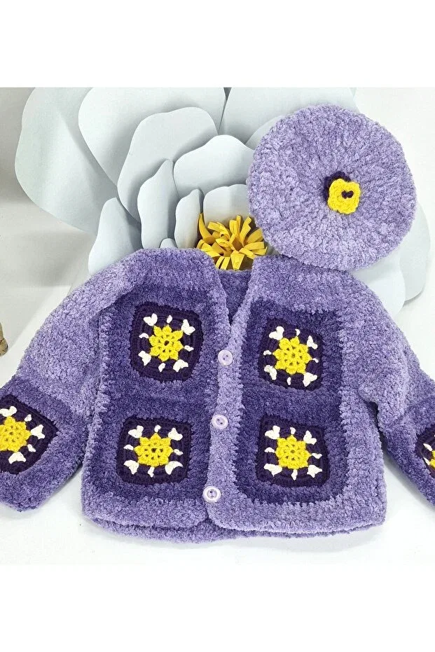 Детский кардиган для девочек с длинным рукавом Hand knitted motif plush girl's cardigan&beanie Evitle, Purple