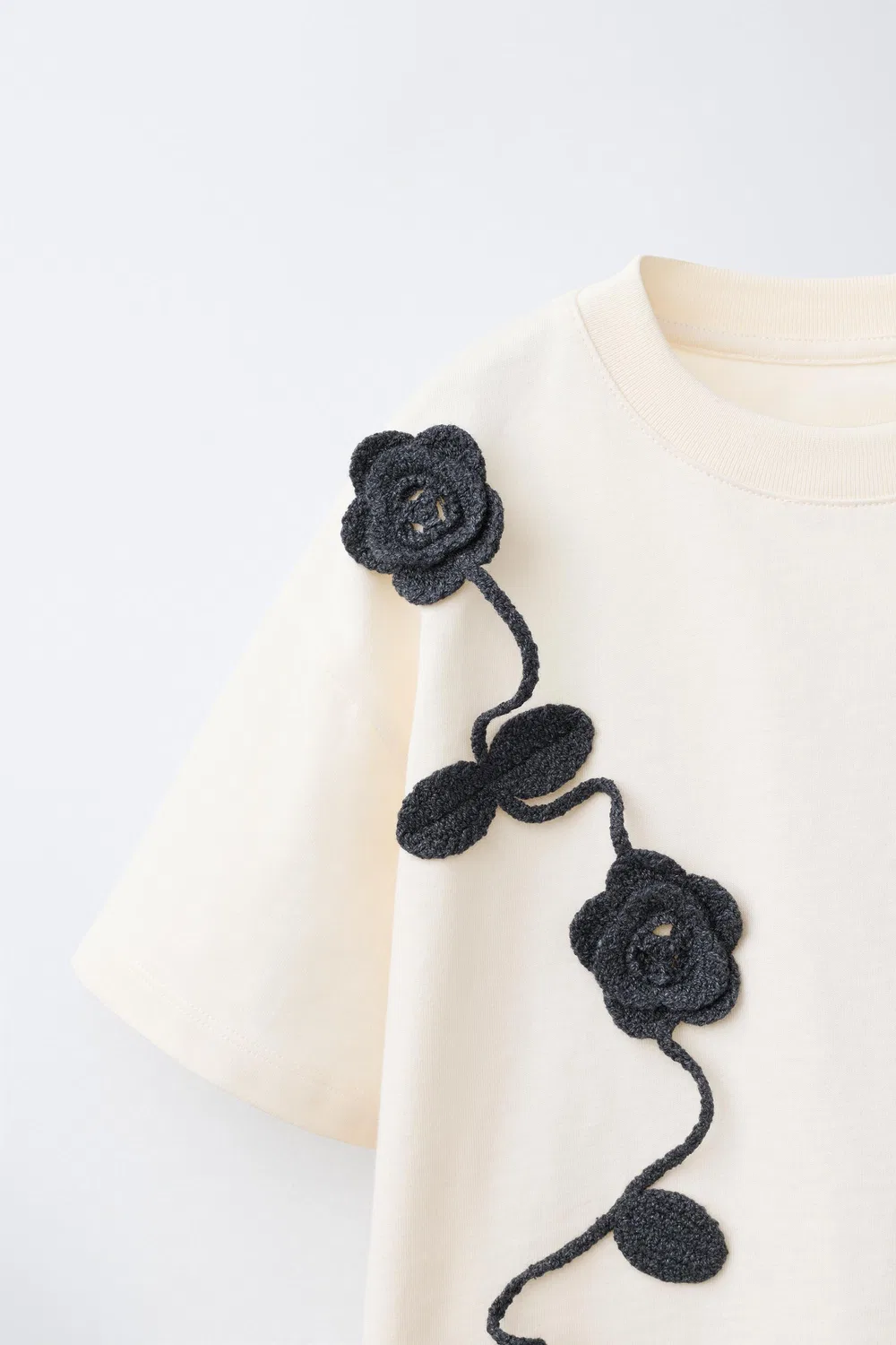 Вязаная крючком футболка с цветочным узором ZARA, Ecru — фото 3