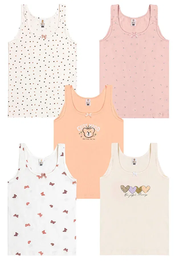 Детский набор маек для девочек с принтом Pack of 5 girls' mixed color patterned cotton soft thick strap undershirts Kompedan, Patterned