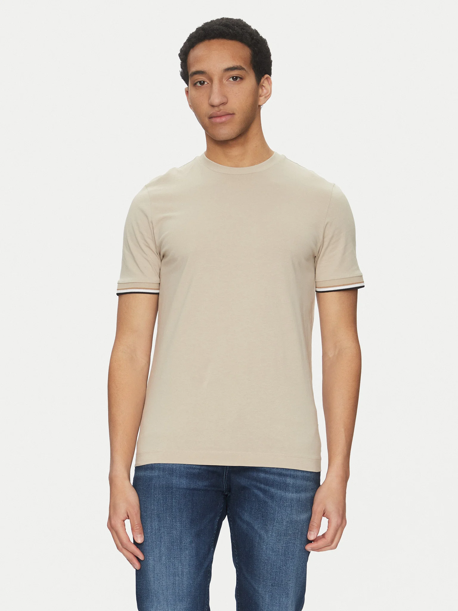 

Футболка Boss Cotton-Jersey With Signature-Stripe Cuffs, бежевый