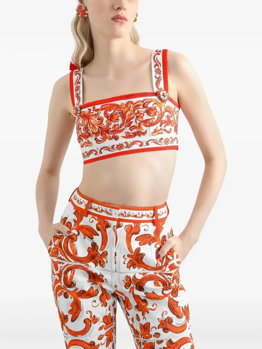 Топ укороченный с принтом Majolica DOLCE & GABBANA, белый — фото 4