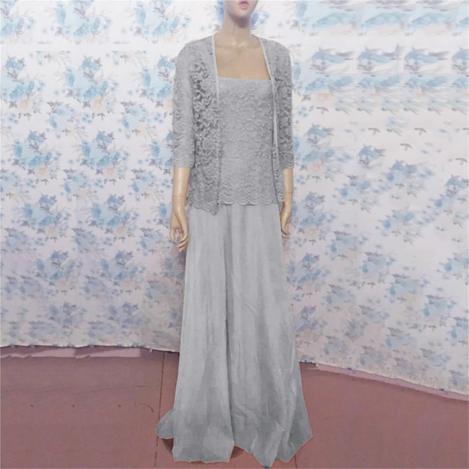 Женский плюс-сайт костюм-двойка с кружевом Chiffon, Gray — фото 2