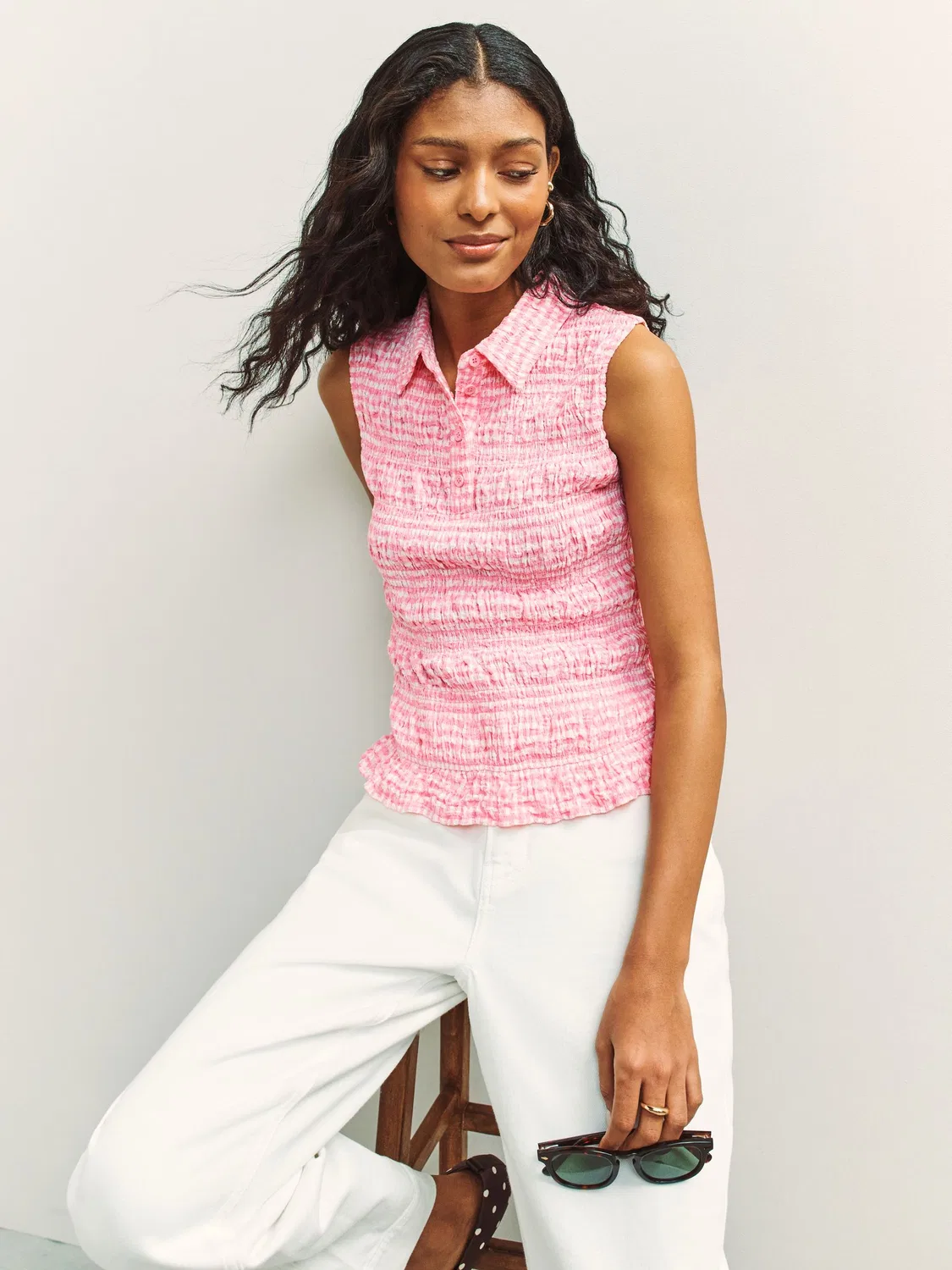 Топ-поло без рукавов с рюшами, Pink Gingham Next