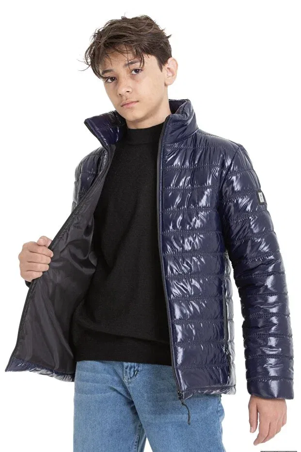 Детский пуховик для девочек блестящий Asyakids Club, Navy Blue — фото 4