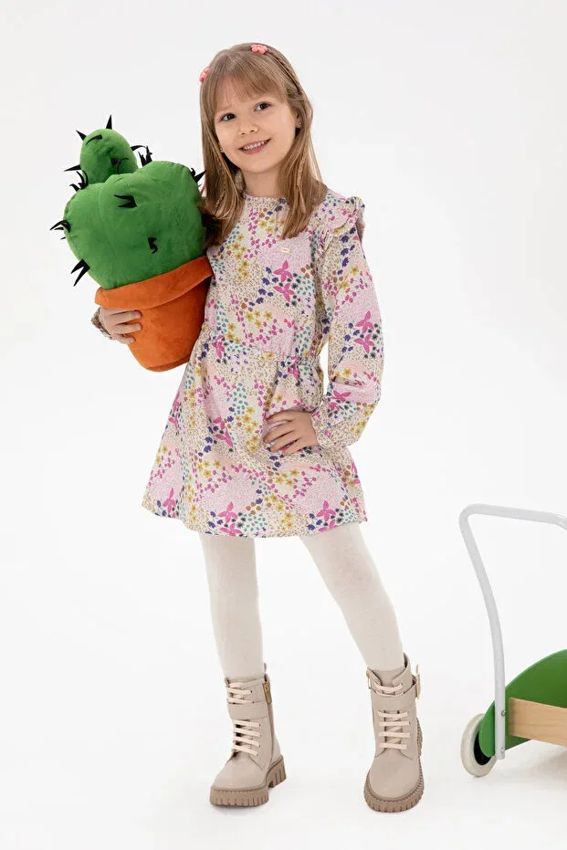 Детское платье для девочек с принтом Girl'S stone flower patterned ruffle woven dress U.S. Polo Assn., Stone