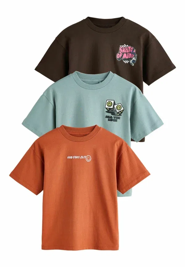 Футболка с принтом, 3 шт, хлопок, дышащая, Next, Grey Brown Orange, оранжевый/коричневый/серый