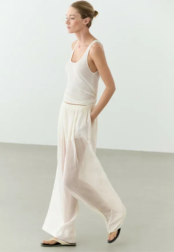 Брюки полупрозрачные, свободный крой, длинные Massimo Dutti, белый — фото 4