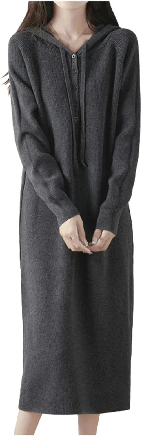 Женское свободное платье с капюшоном из шерсти, Dark Grey