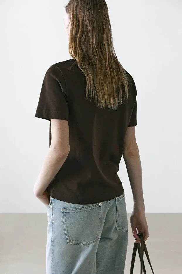 Женская футболка хлопковая с коротким рукавом Massimo Dutti, Brown — фото 4
