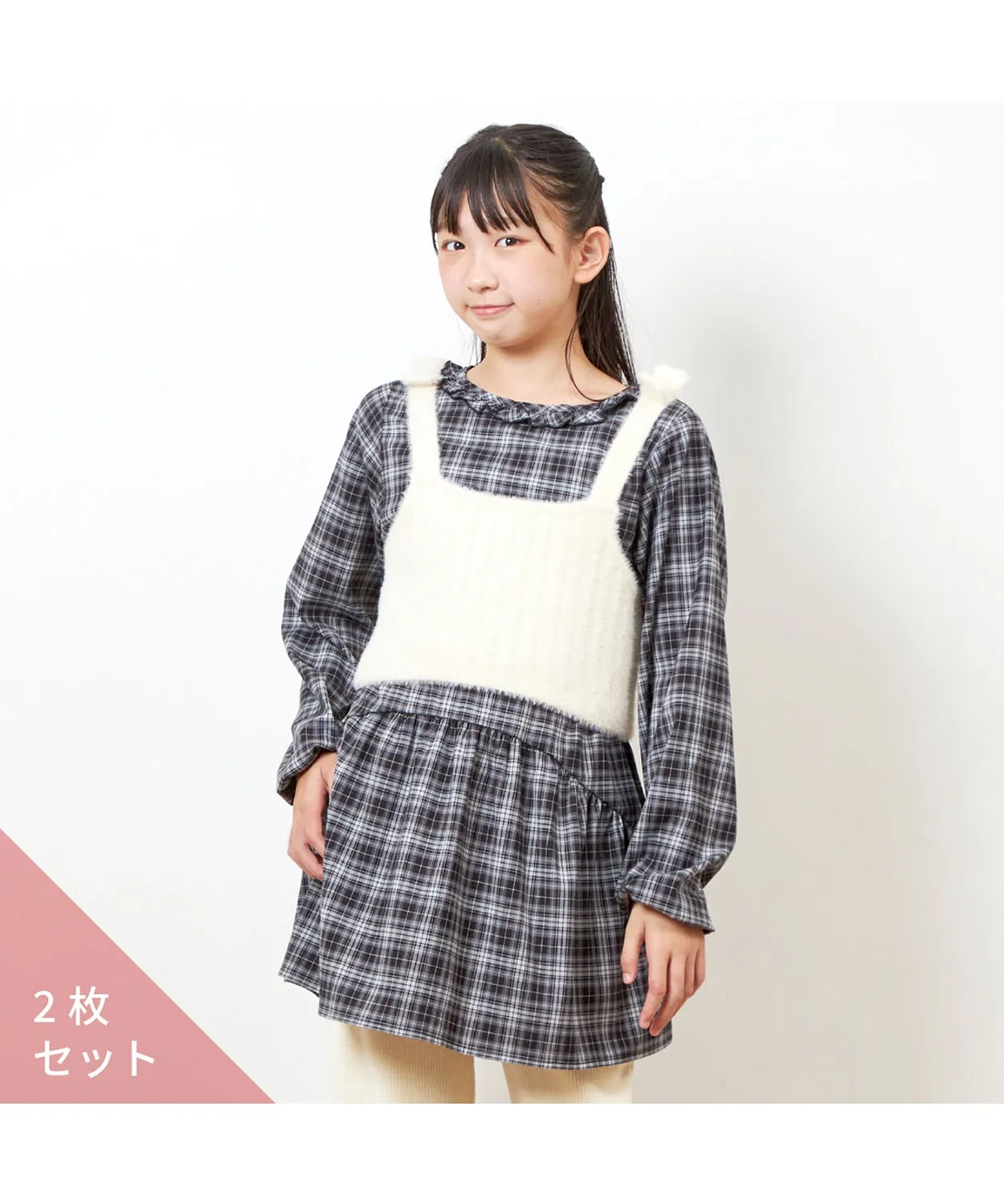 Детский комплект из туники с длинным рукавоми жилета, модель Knit Best & Check Tunic Set, trois lapins kp, Black