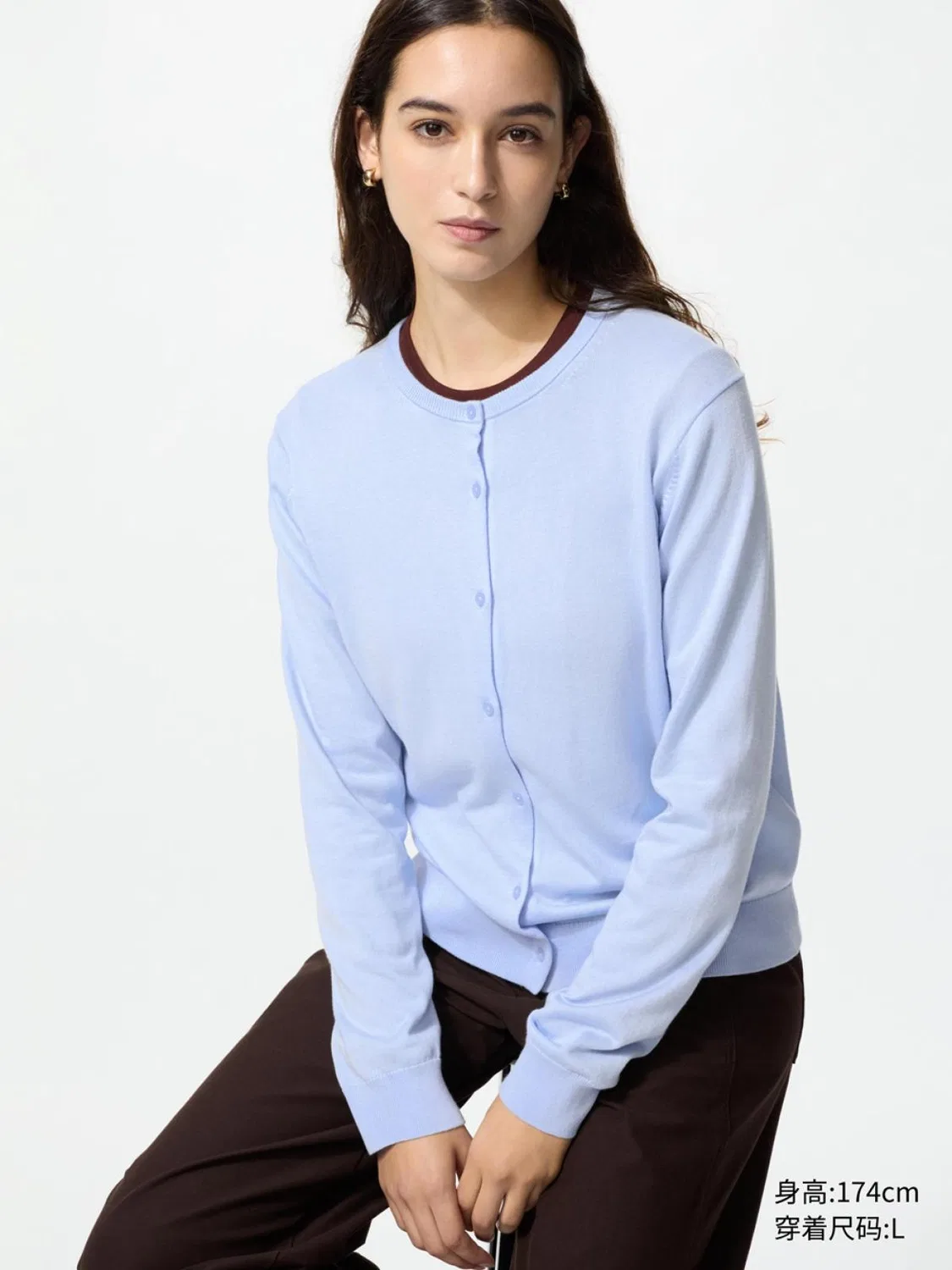 Кардиган вязаный из хлопка и модала с круглым вырезом Uniqlo, светло-синий