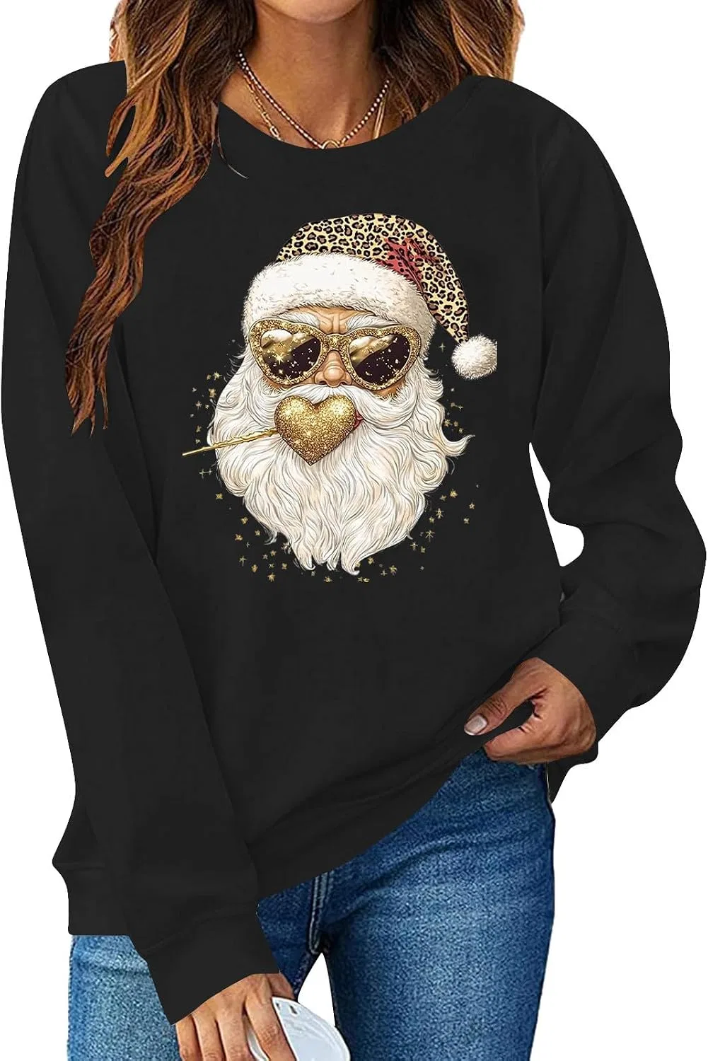 Женский свитшот с принтом Funny Santa, чёрный — фото 2