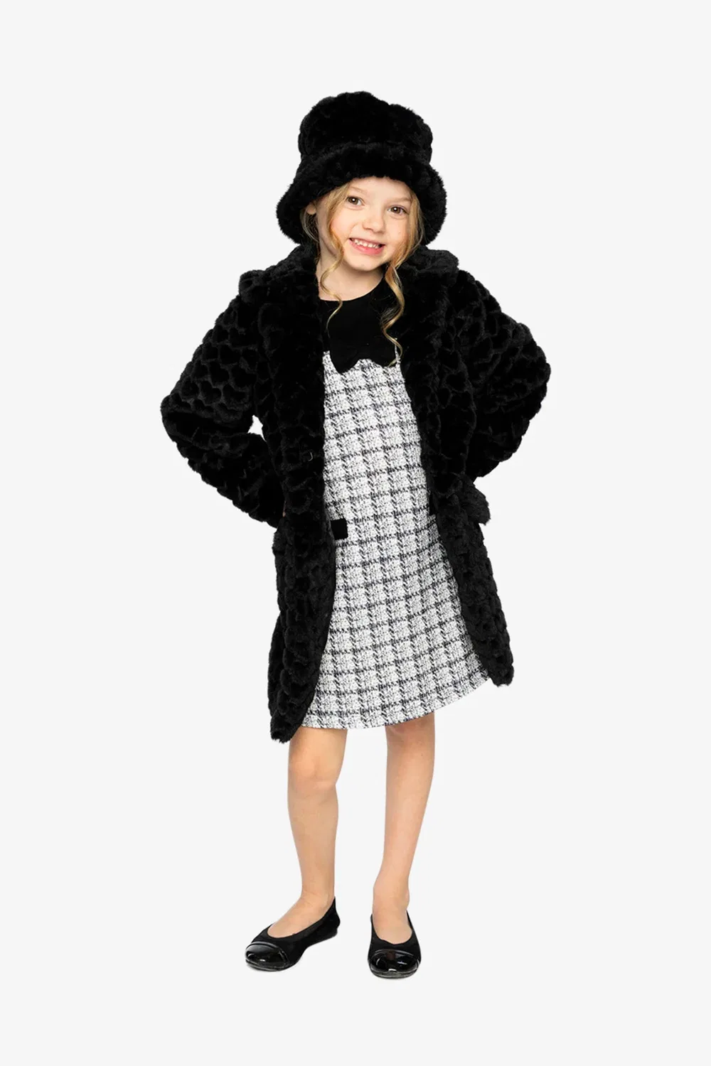 Детское длинное пальто из искусственного меха с фактурным узором Chic Occasionwear Deux par Deux, черный — фото 3