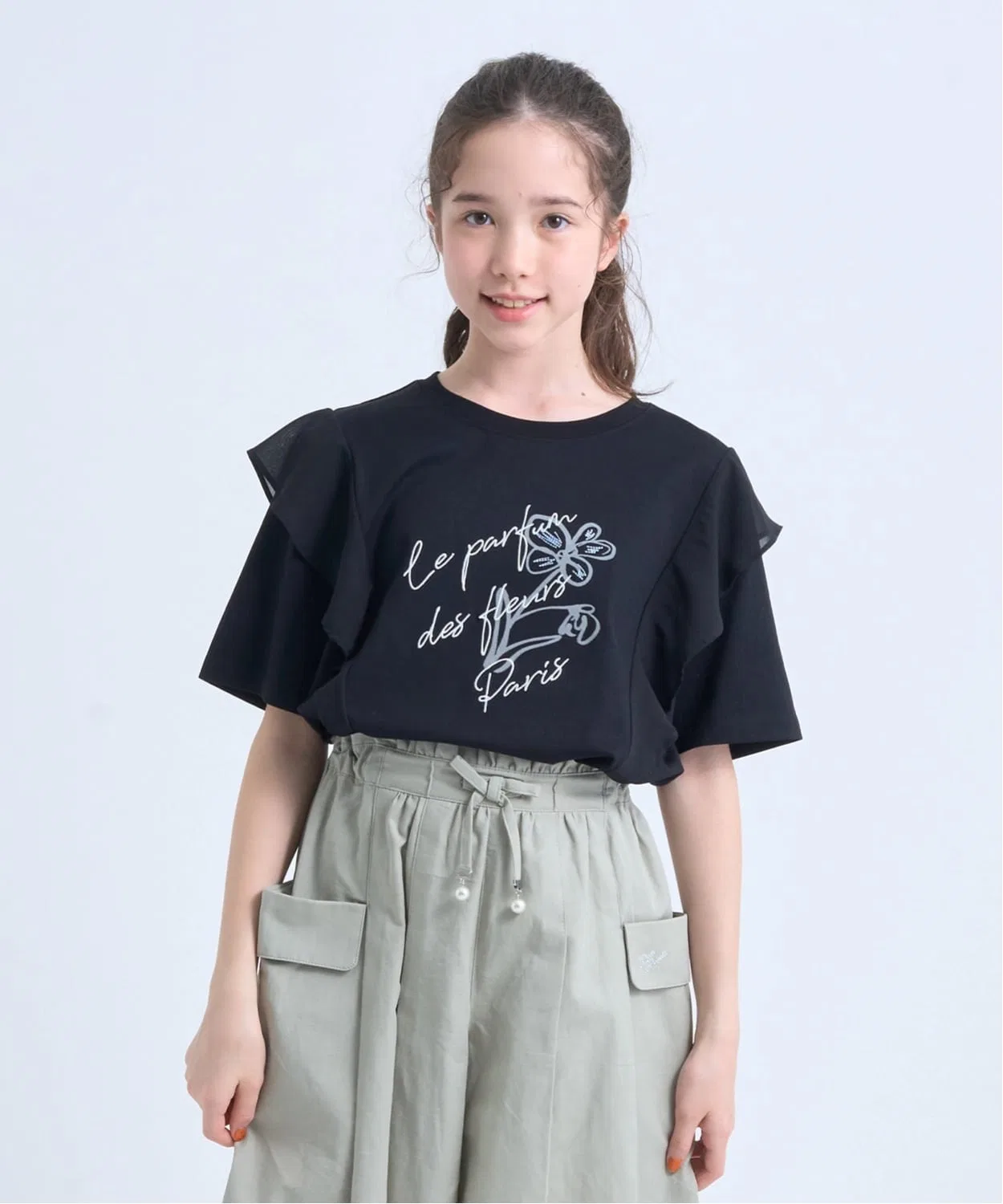 Детская футболка с принтом, с рюшами, модель Graphic Flower, pom ponette junior, Черный