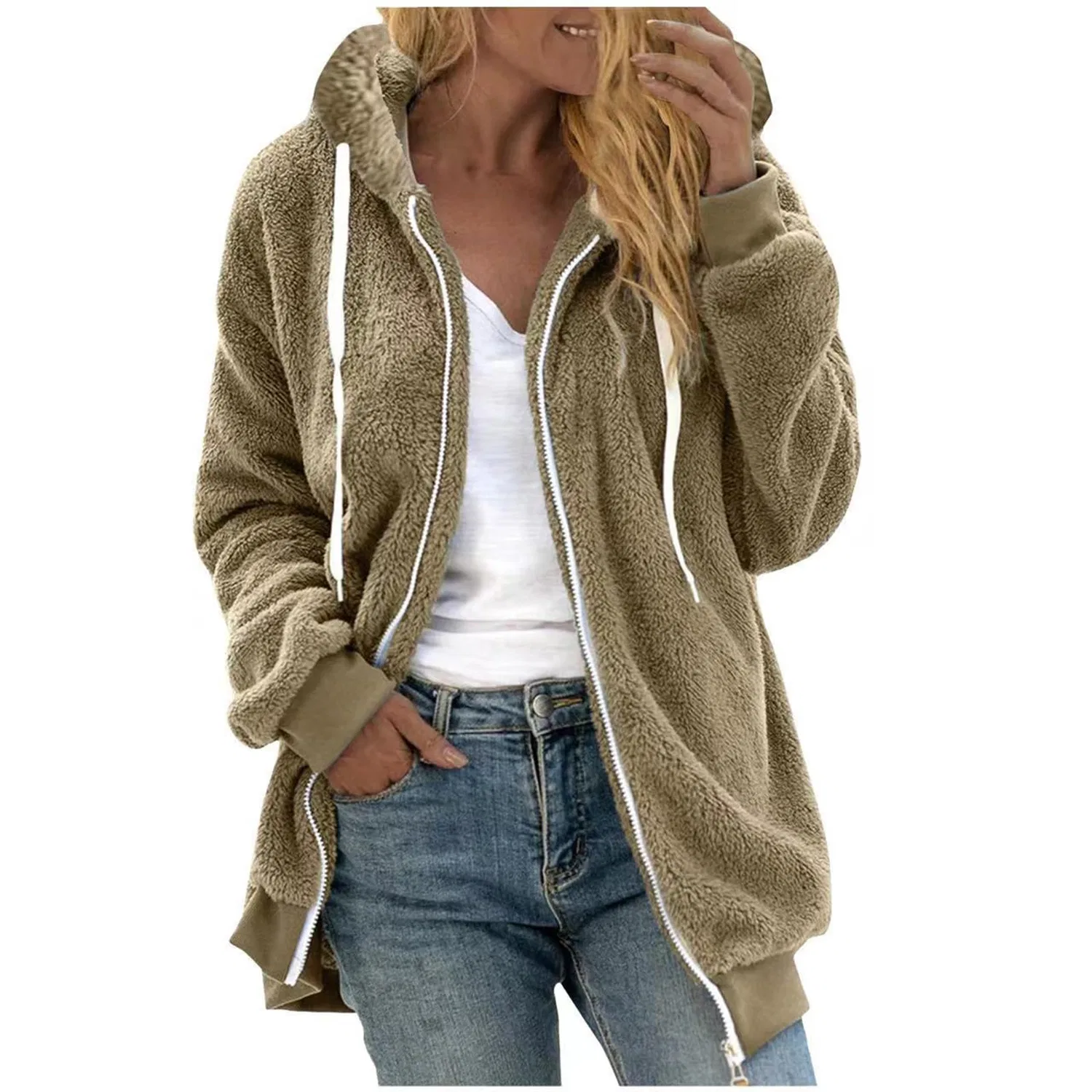 Женское теплое пальто с капюшоном и молнией, Beige