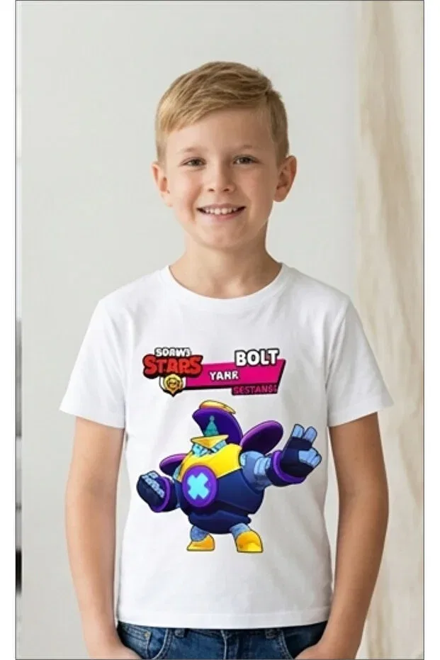 Детская футболка для девочек с принтом Brawl Stars Bolt Renkli Izler, White — фото 3
