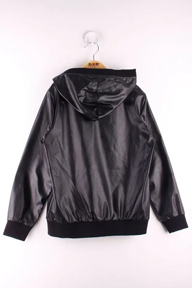 Детское пальто для девочек с капюшоном кожаное Bomber Jacket Toontoy, Black — фото 2