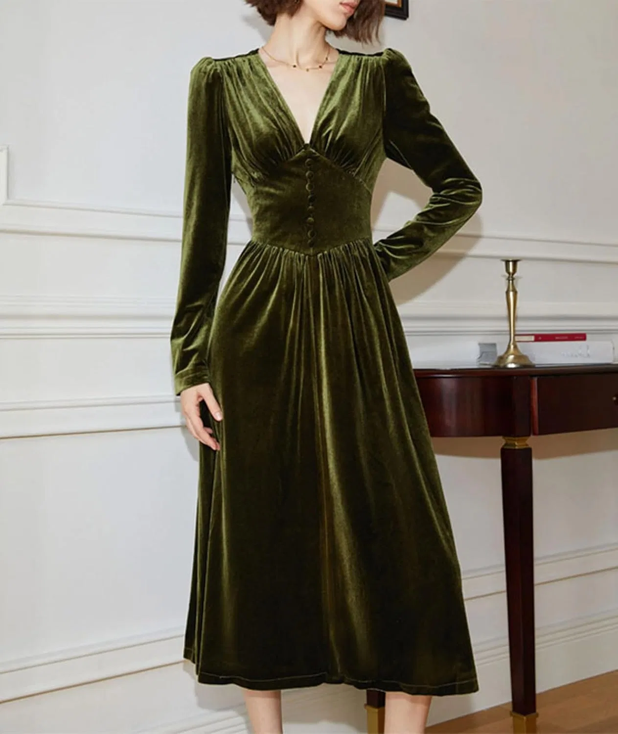 Женское бархатное платье макси с V-образным вырезом, Velvet Green — фото 2