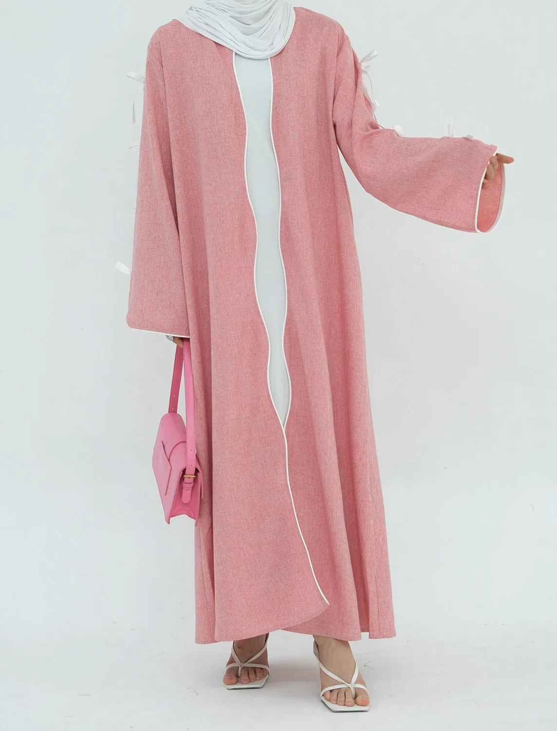 Женское пальто с длинным рукавом Abaya Women's Eid Dresses Long Sleeves Open Front Pearl Bowknot Prayer Dress Ramadan Cardigan Dubai Kaftan, pink — фото 2