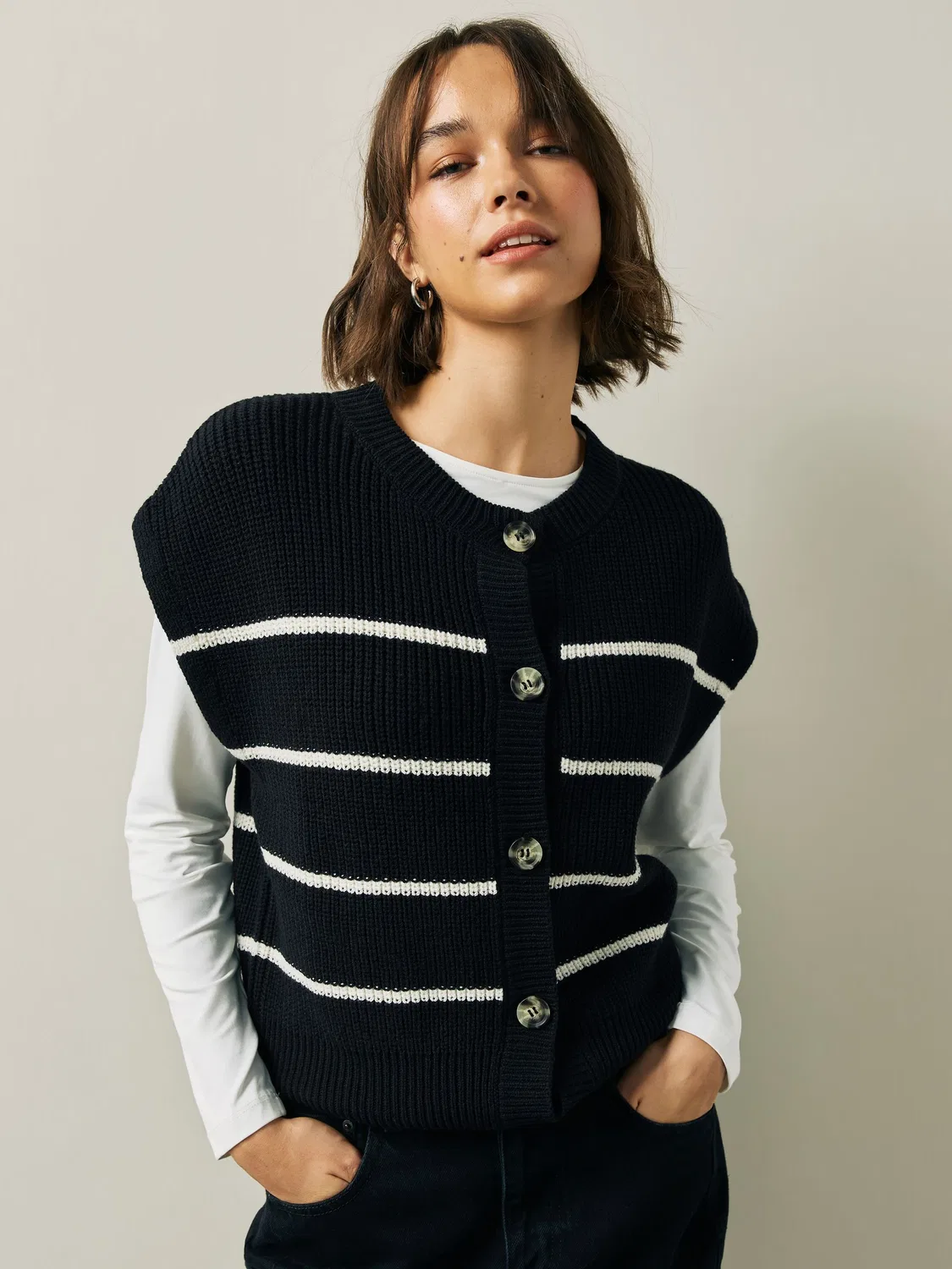 Топ вязаный, полоска, Black Stripe Button Through Knitted Tank Next, черный в полоску