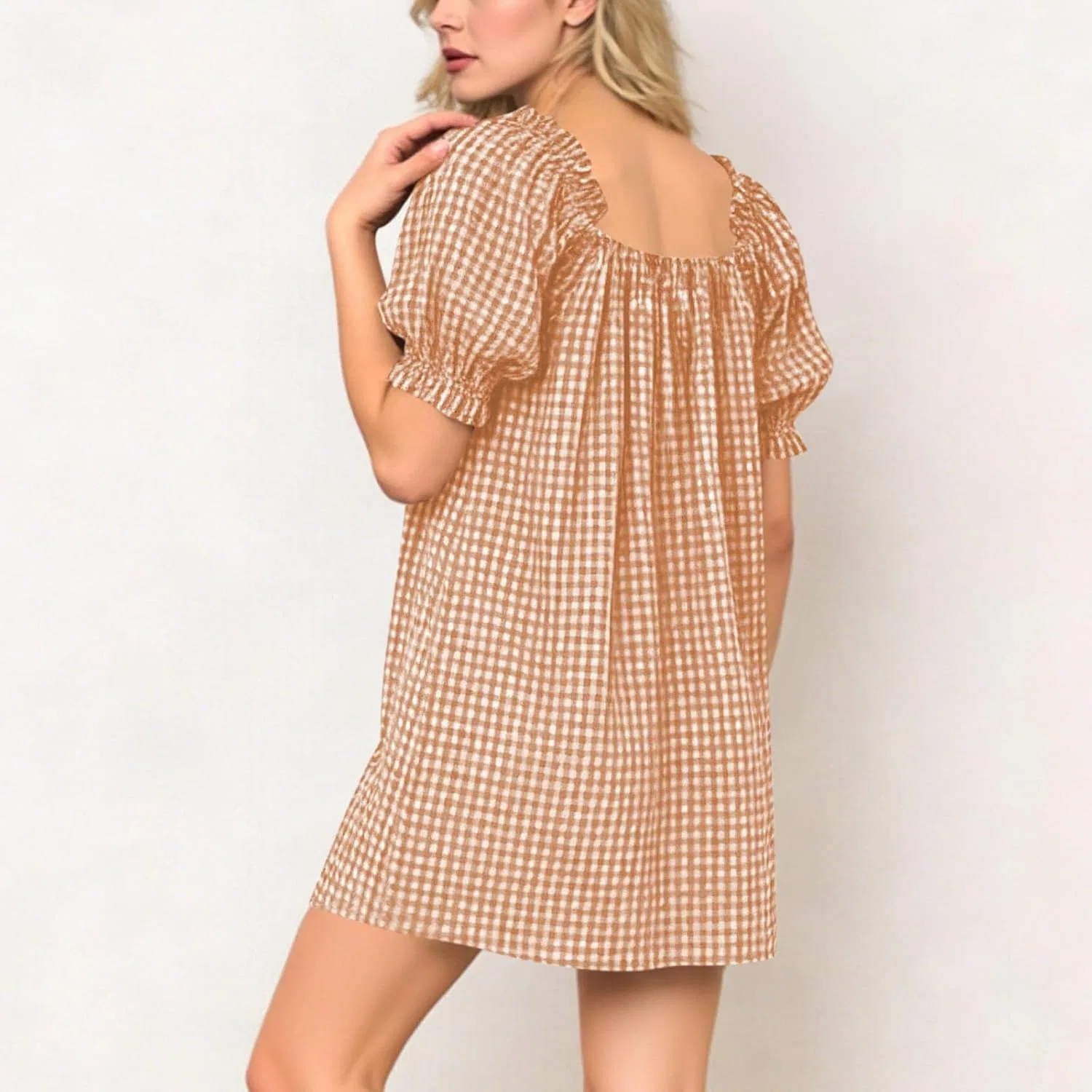 Женское мини-платье babydoll с клеткой и пышными рукавами, Khaki — фото 3