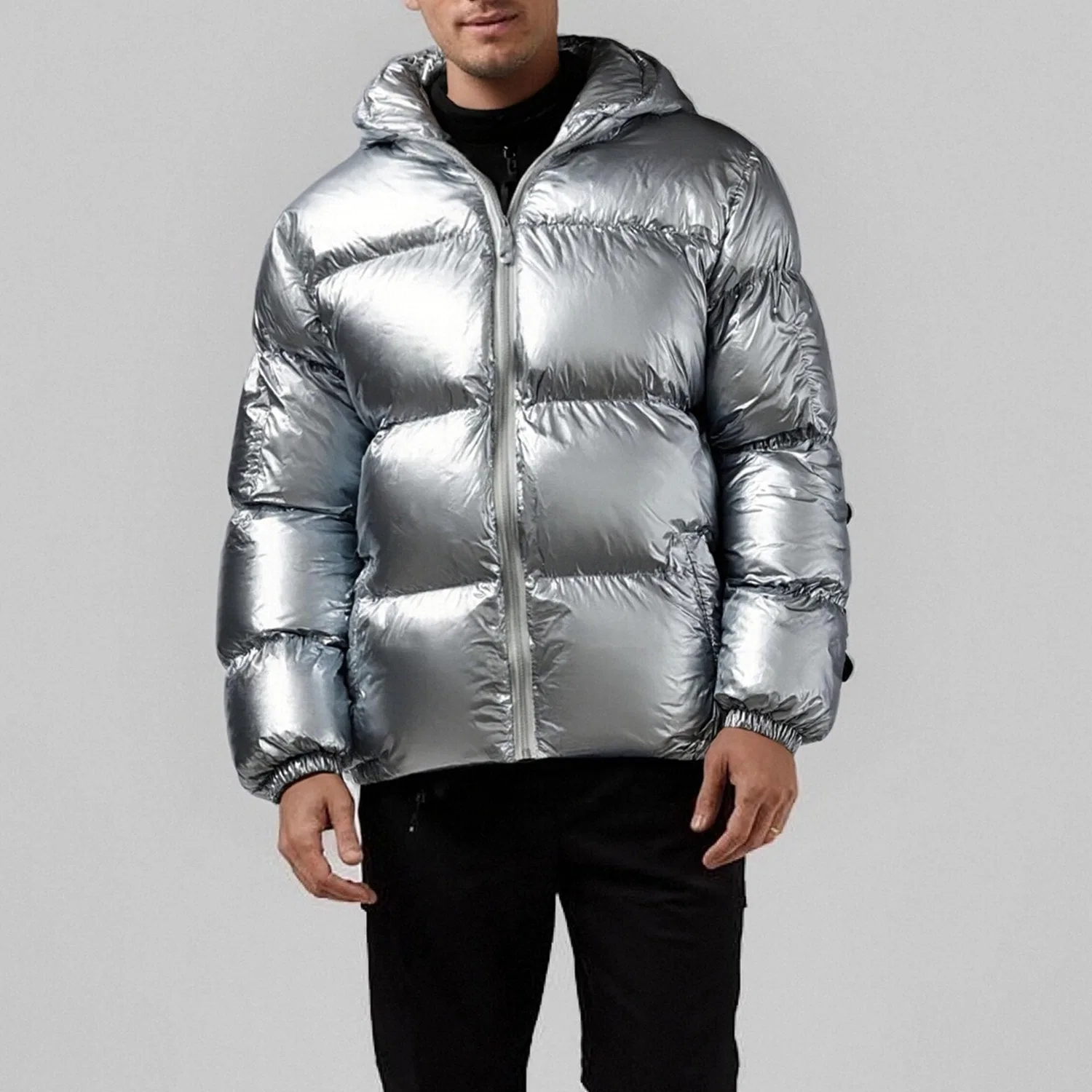 Мужская блестящая металлическая куртка с капюшоном и молнией, silver — фото 2