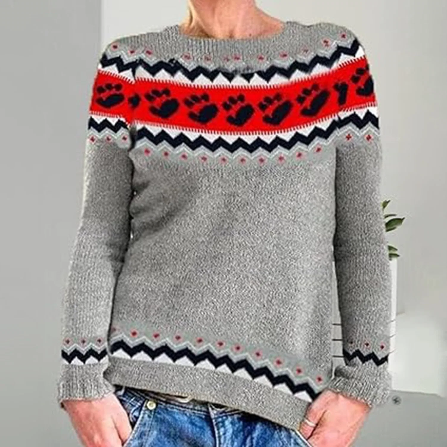 Женский свитер с принтом Fair Isle HUIFUAO, A11 Red — фото 3