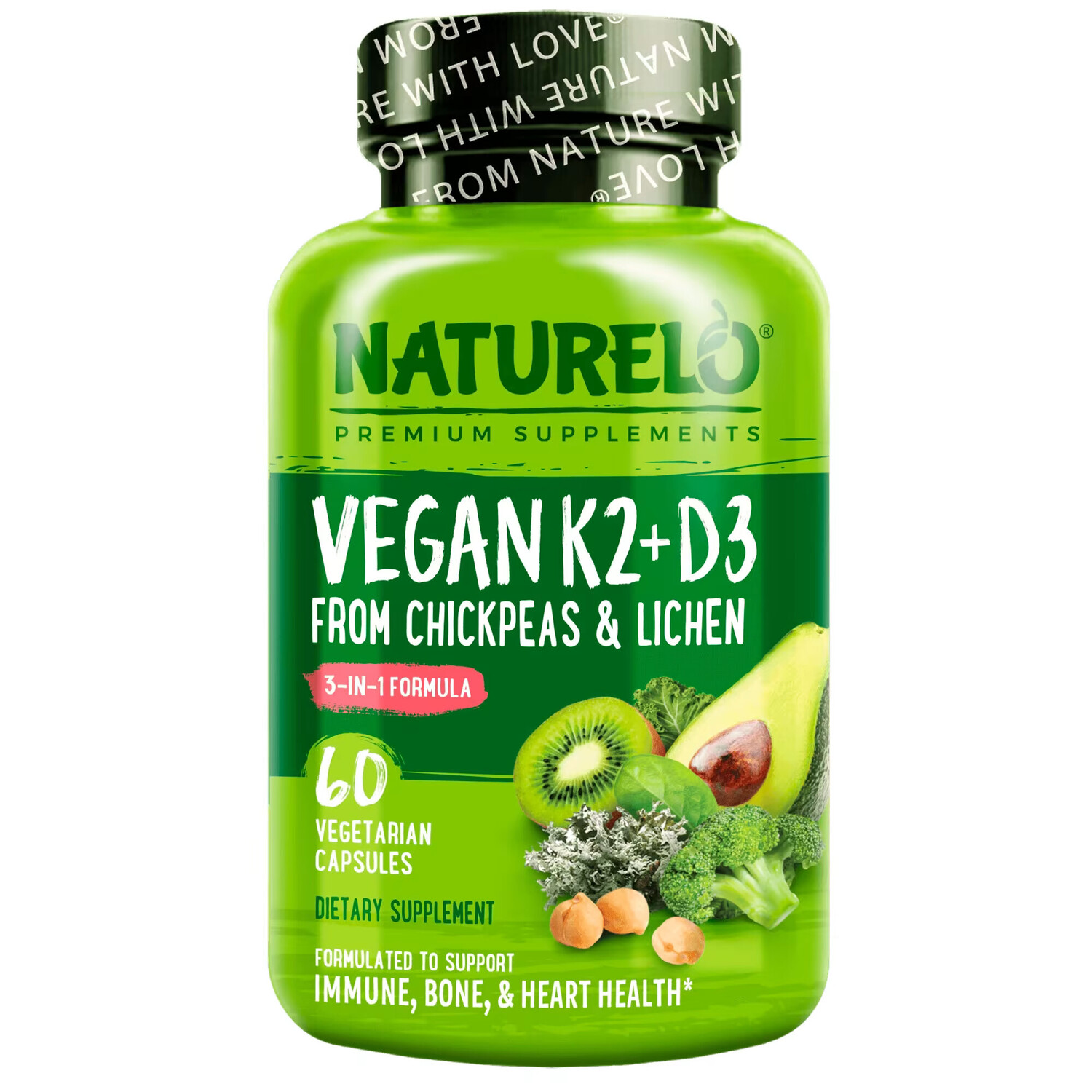 

NATURELO, Витамин K2 + D3, из нута и лишайника, 60 вегетарианских капсул