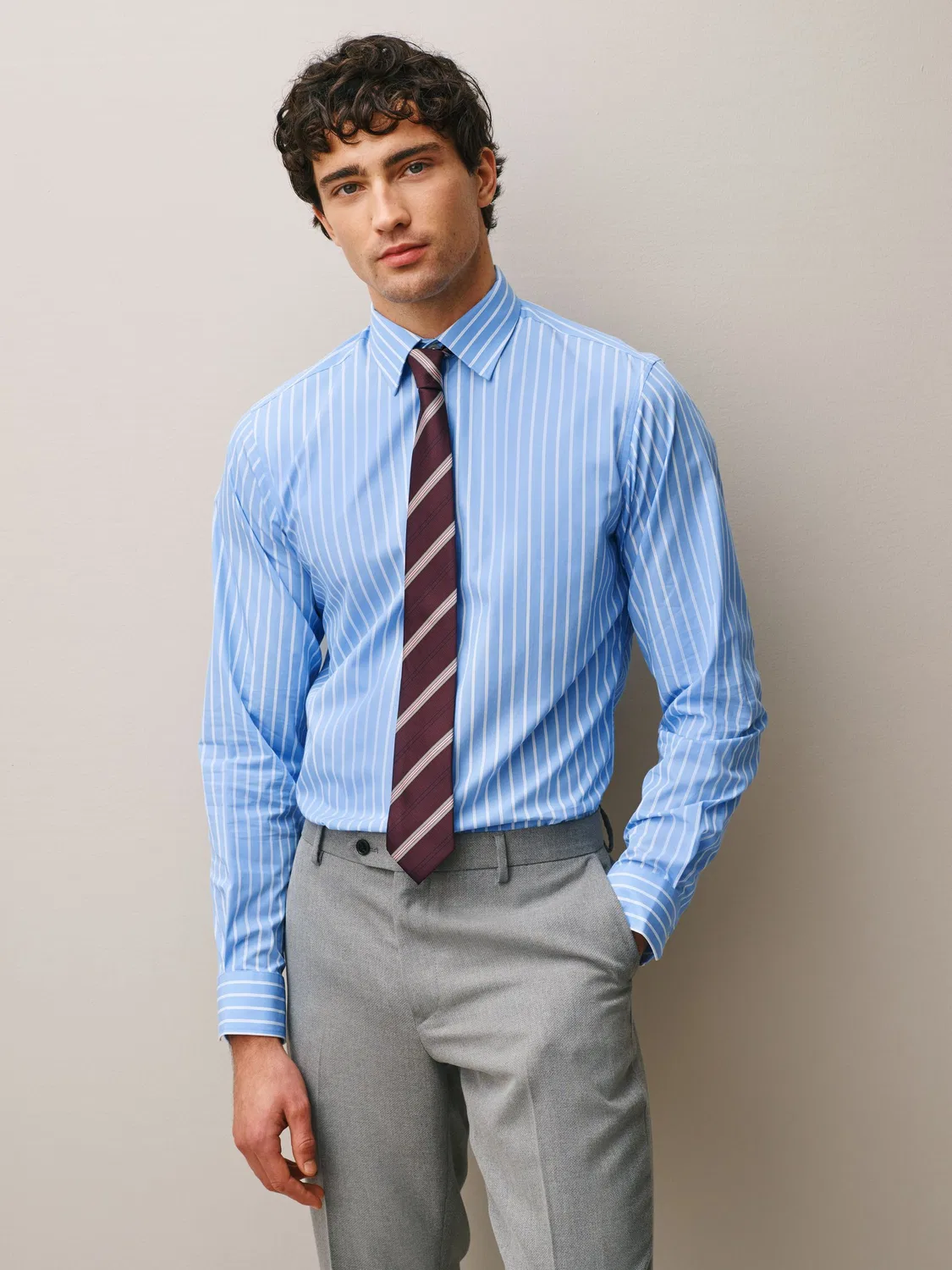 Рубашка с галстуком, хлопок, Slim Fit Next, синяя полоска/бордовый