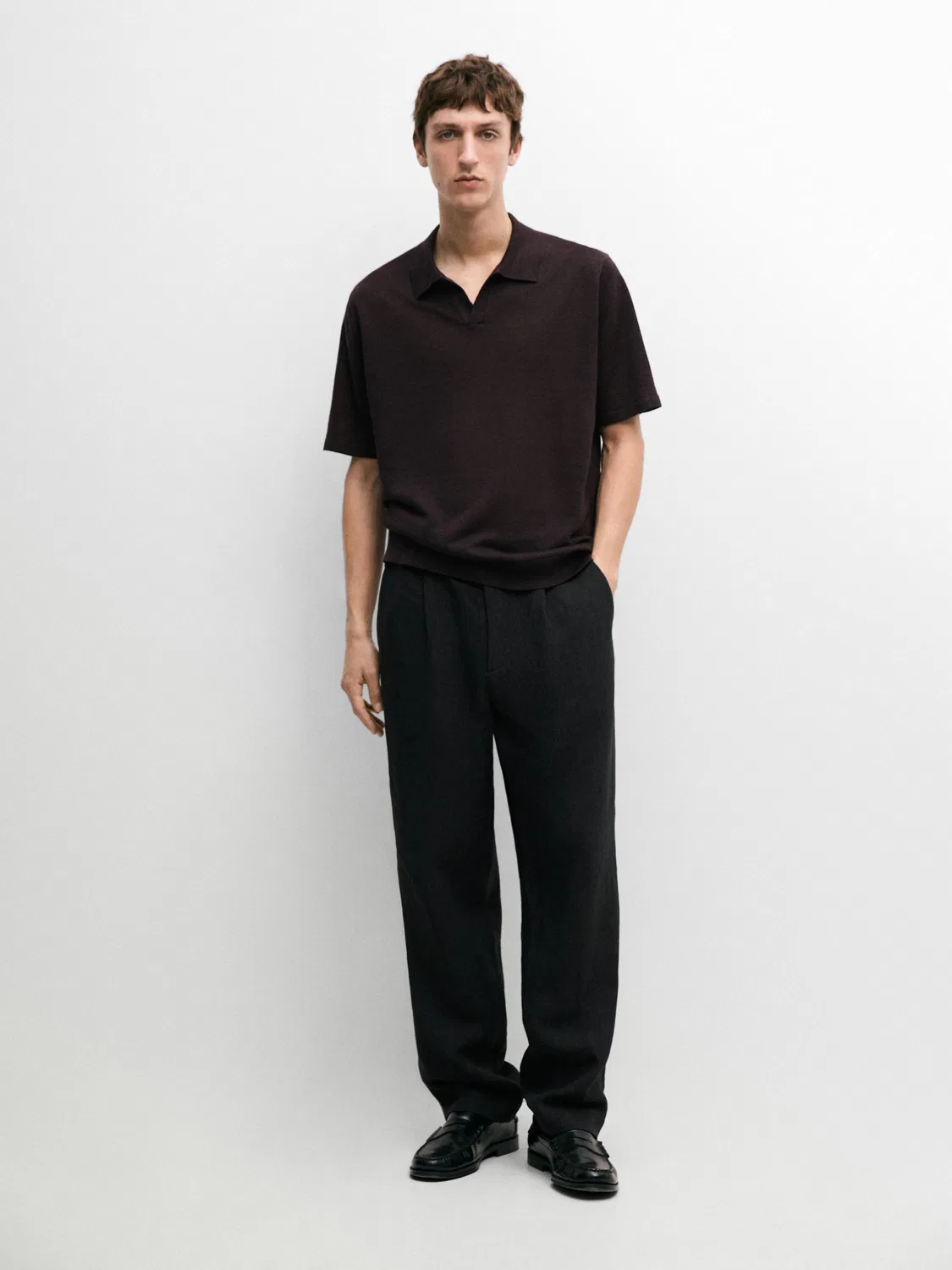 Льняной поло с V-образным вырезом Massimo Dutti, Burgundy