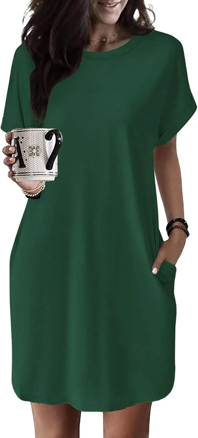 Женское платье-футболка с коротким рукавом A-силуэта, Dark Green