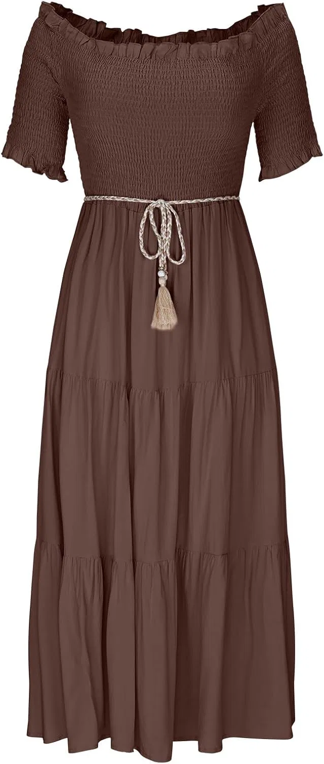 Женское летнее платье-макси с открытыми плечами, Smocked Tiered, коричневый — фото 4