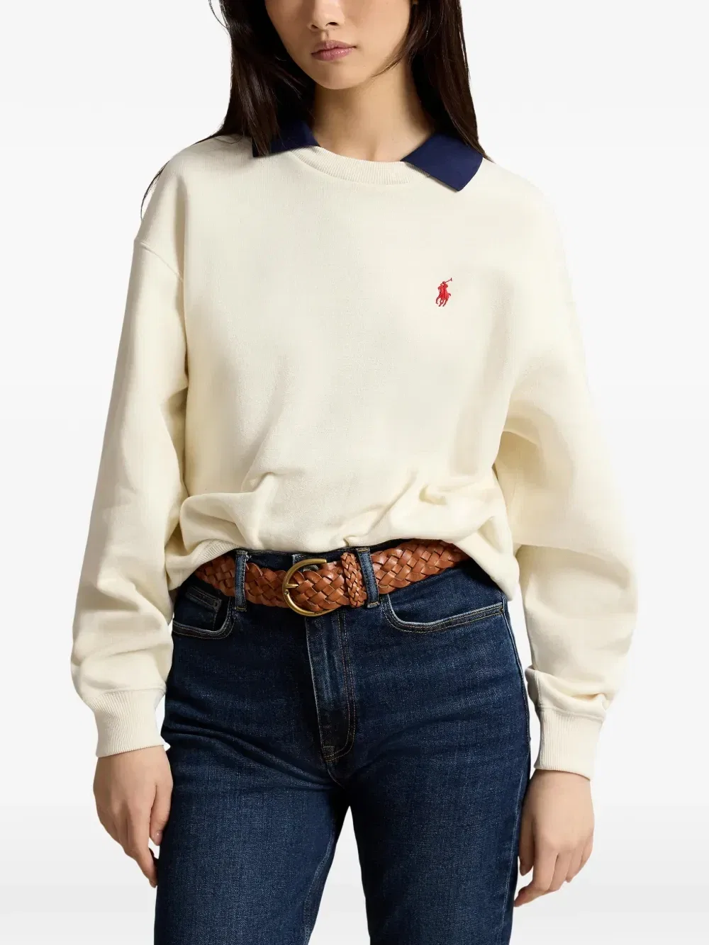 Свитер с контрастным воротником и вышитым логотипом Polo Ralph Lauren, белый — фото 3