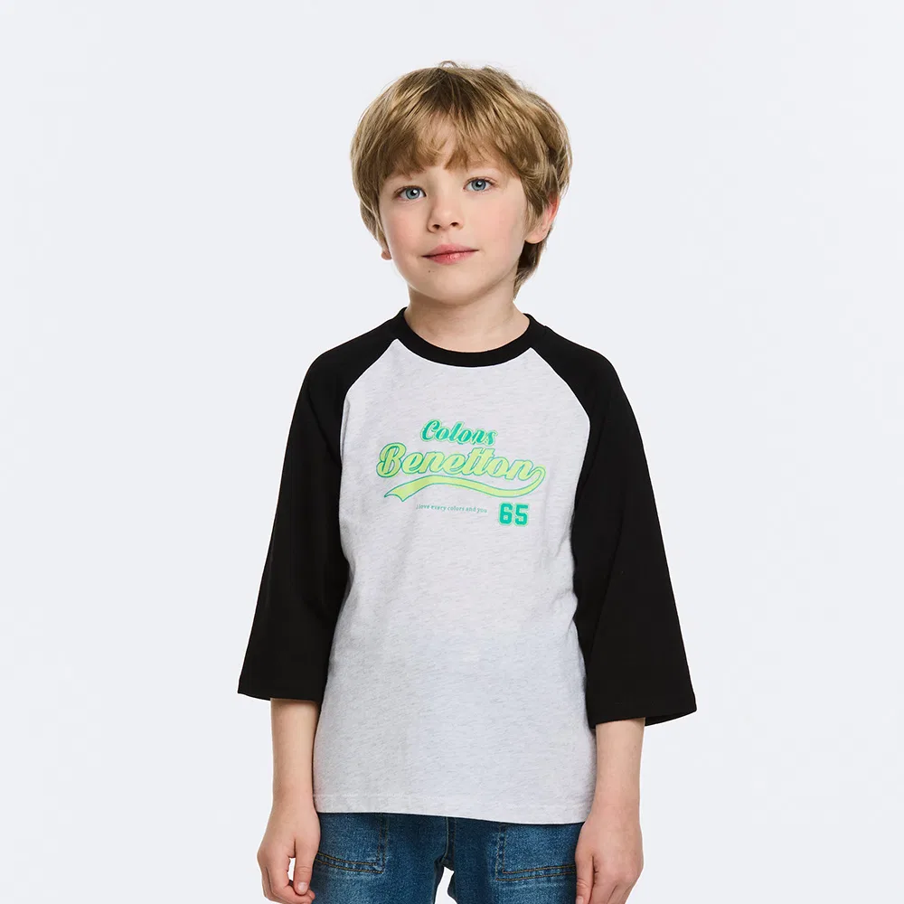 Детская футболка реглан с контрастными вставками, чёрная, от Benetton Kids