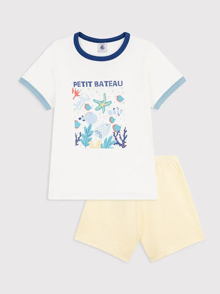 Пижама детская хлопковая PETIT BATEAU, белый/желтый