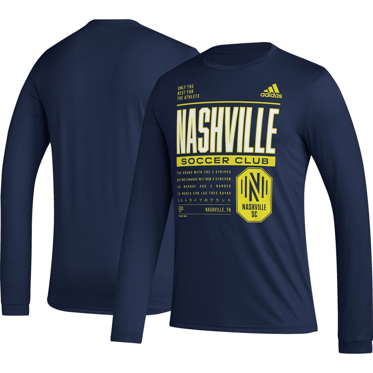 

Мужская темно-синяя футболка с длинным рукавом Nashville SC Club DNA adidas, Синий, Мужская темно-синяя футболка с длинным рукавом Nashville SC Club DNA adidas