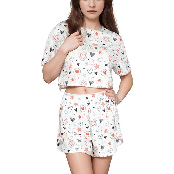 

Женский пижамный комплект с кружевной отделкой, укороченным топом с вышитым сердечком и шортами для отдыха на резинке Anna-Kaci, Many Colors