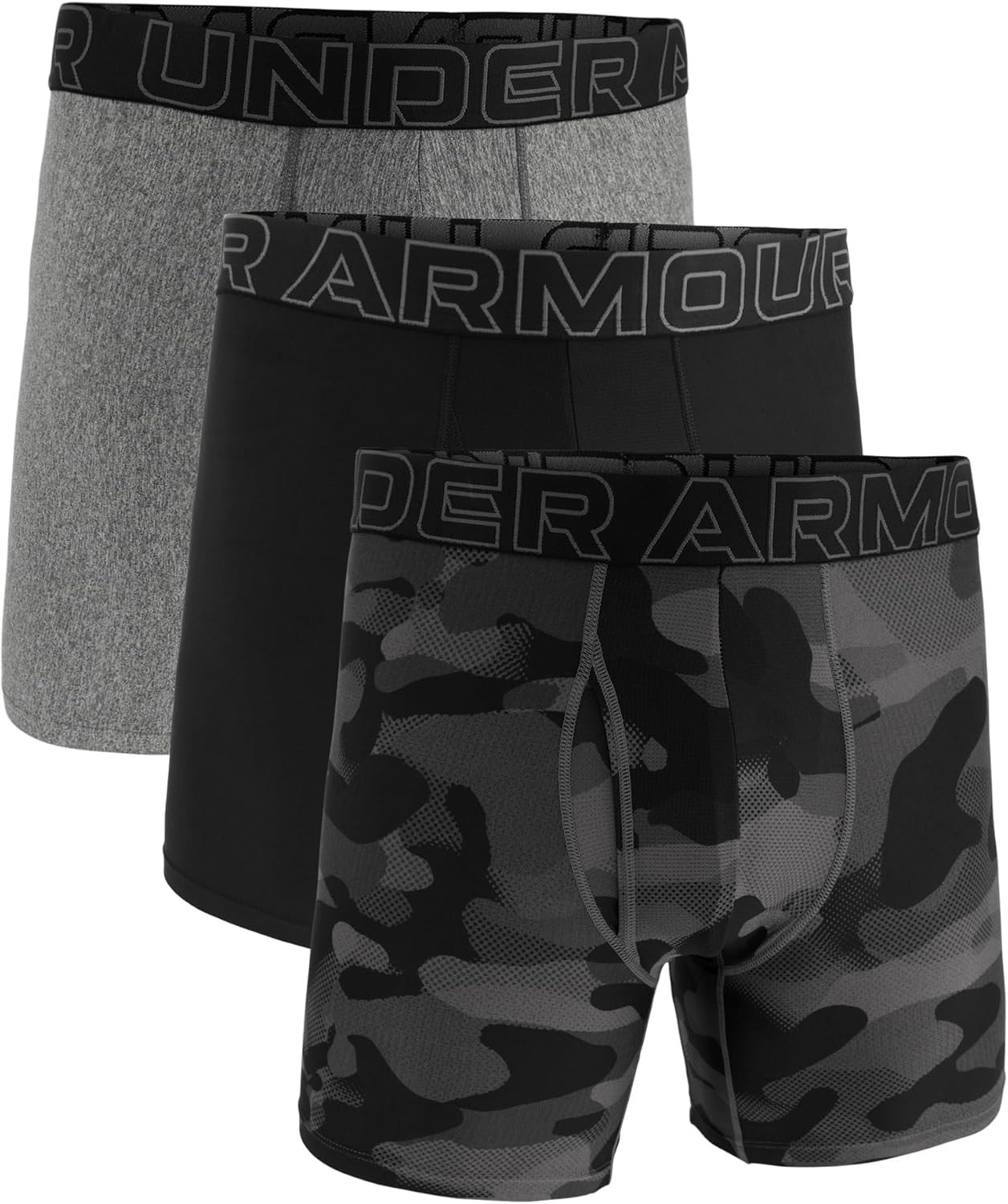 

Under Armour мужские боксеры Performance Tech Print 6", 3 шт, Black Neo Camo/Black/Castlerock Heather