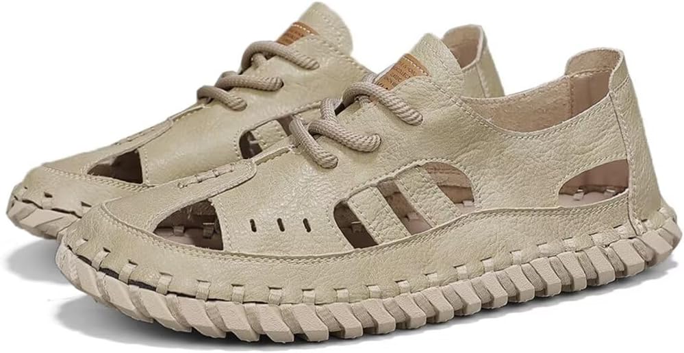 

Мужские сандалии Purfitall из кожи, пляжные сандалии для мужчин, закрытый носок, водонепроницаемые кроссовки, повседневные летние нескользящие сандалии для прогулок, походов и рыбалки, бежевый