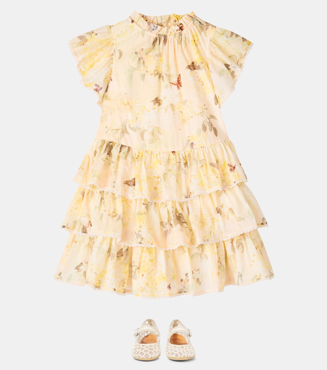 Каскадный цветочный многослойный хлопковый сарафан Zimmermann Kids, Yellow Botanical Flower — фото 2