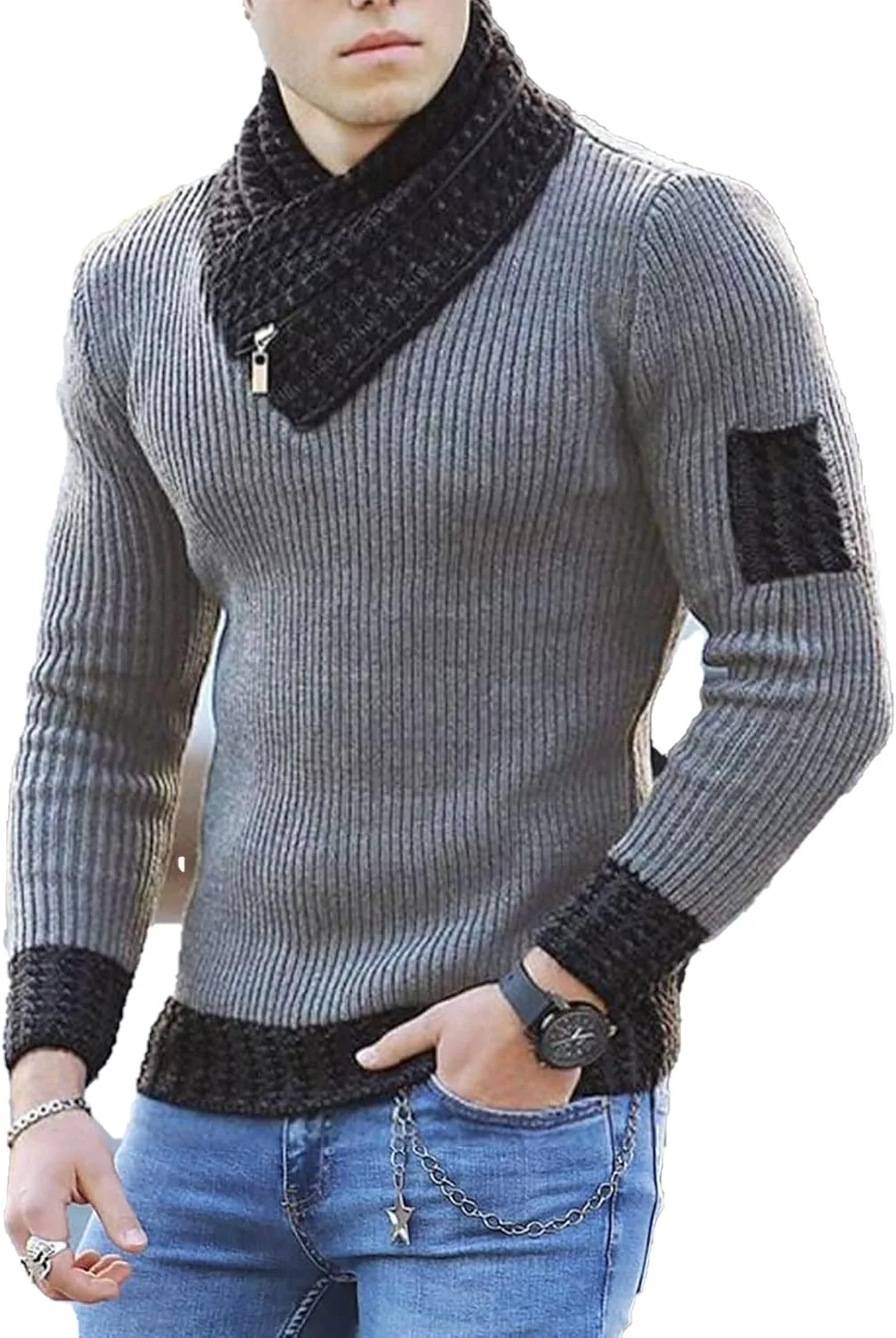 

Мужской свитер с воротником-шалью и молнией RTHLEQIEE