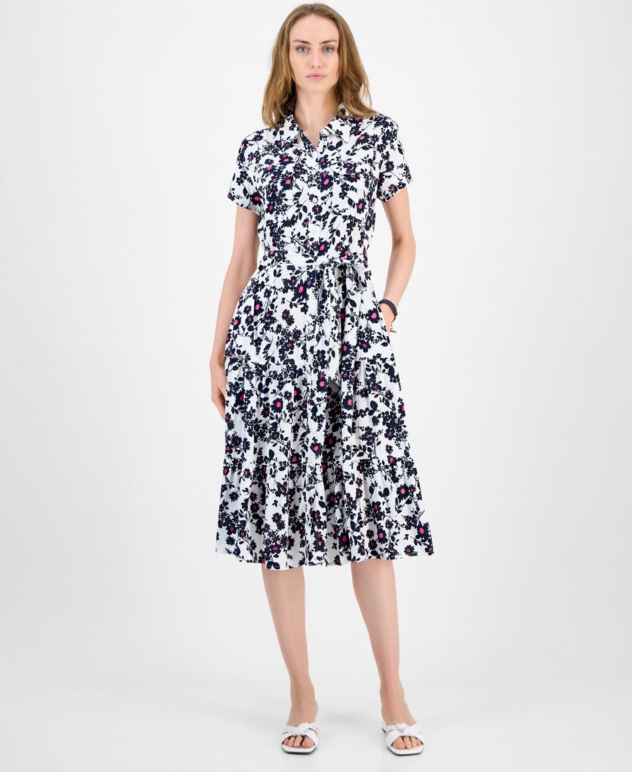 

Женское платье-рубашка с цветочным принтом, поясом и ярусным кроем Tommy Hilfiger, Ivory Multi